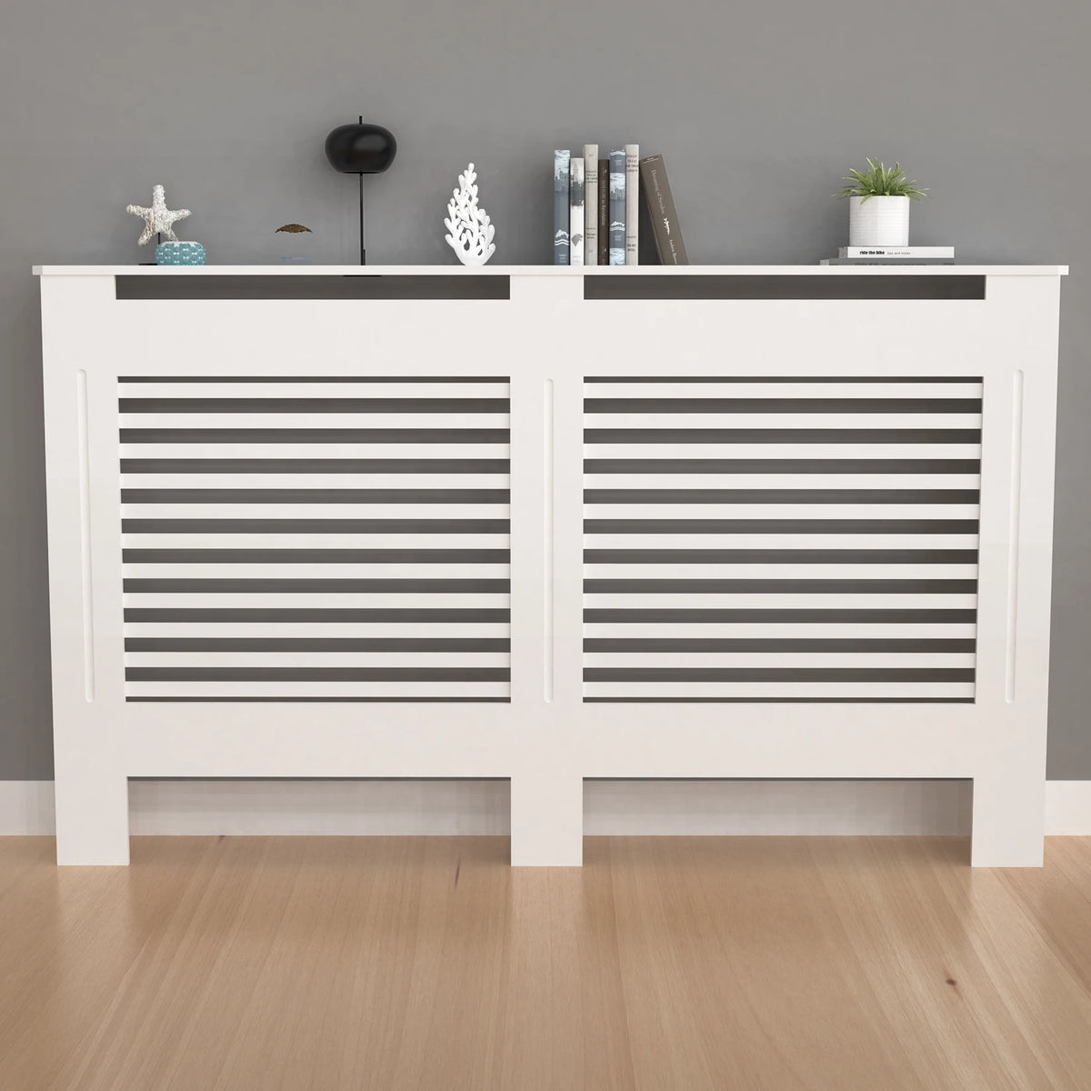Contemporary Wooden Radiator Cover Featuring Internal Storage Shelving