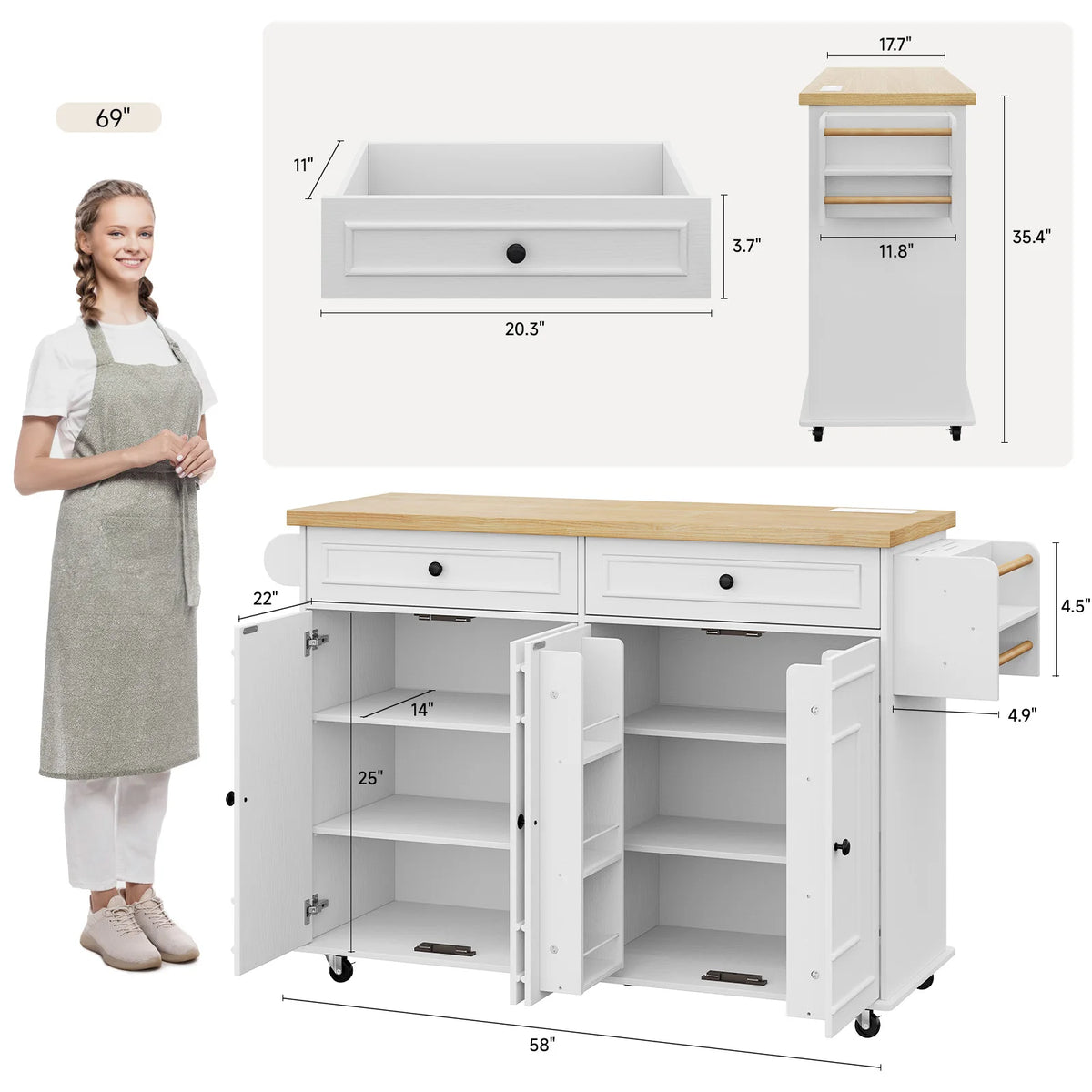 Rolling Wooden Kitchen Island With Drop Leaf And Drawers