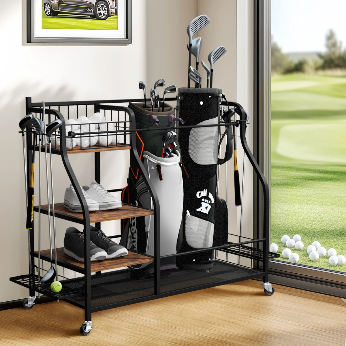 Three Tier Rolling Metal Storage Rack For Sports Gear