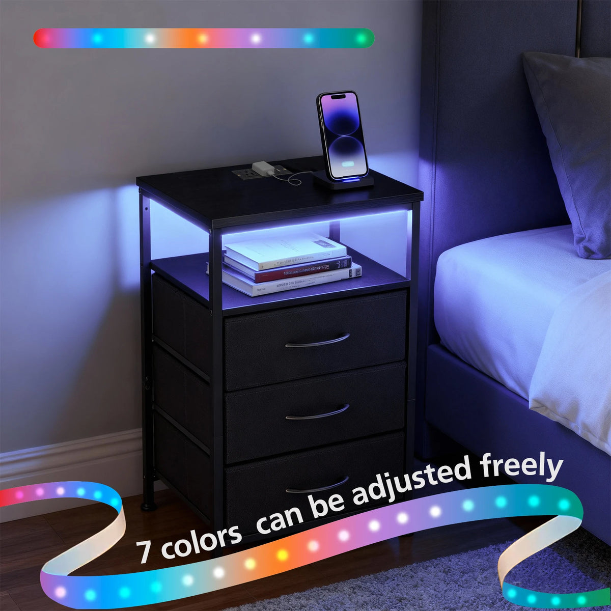 JHK Modern 3 Drawer Bedside Table With USB Charging Station