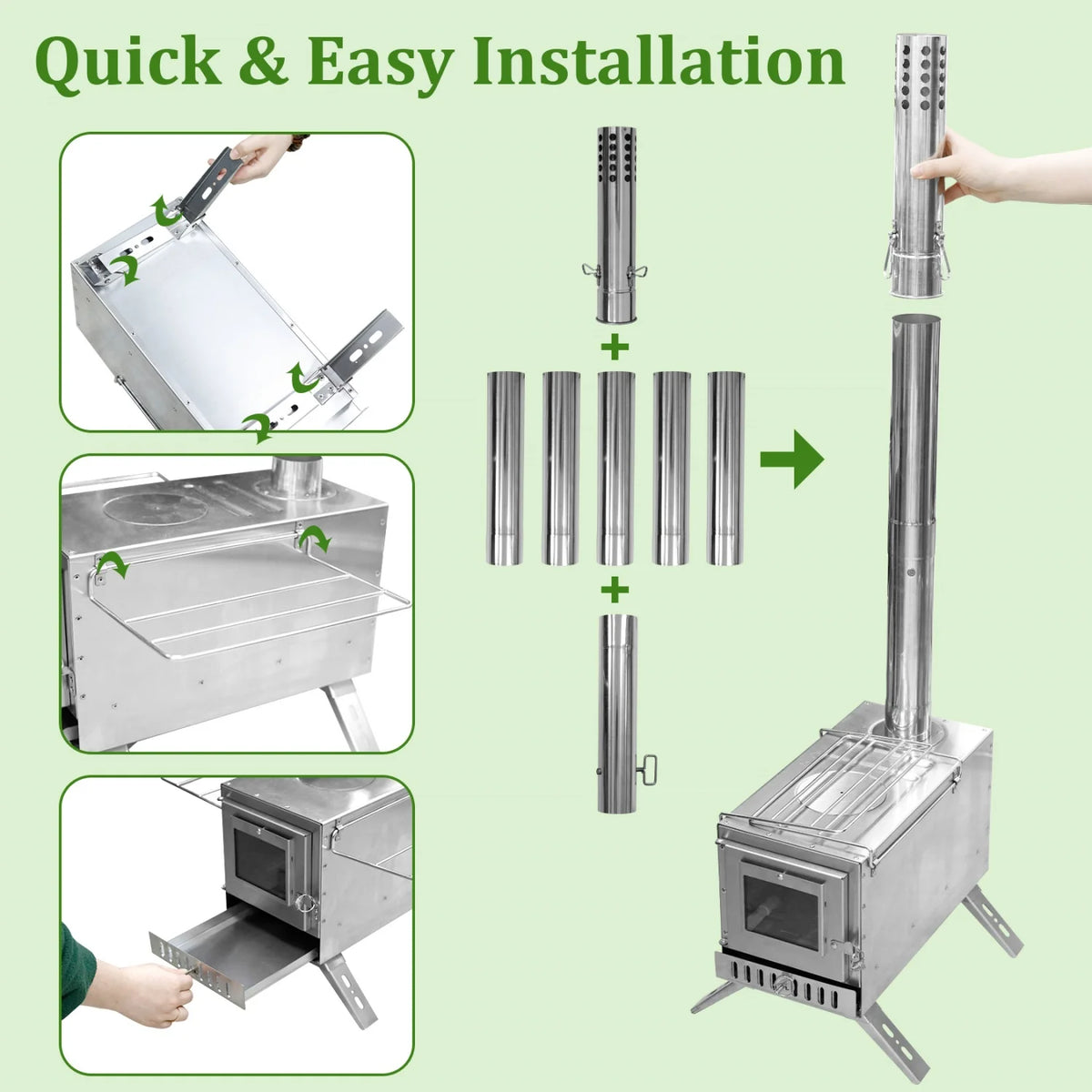 Portable Stainless Steel Wood Burning Stove With Seven Chimney Pipes