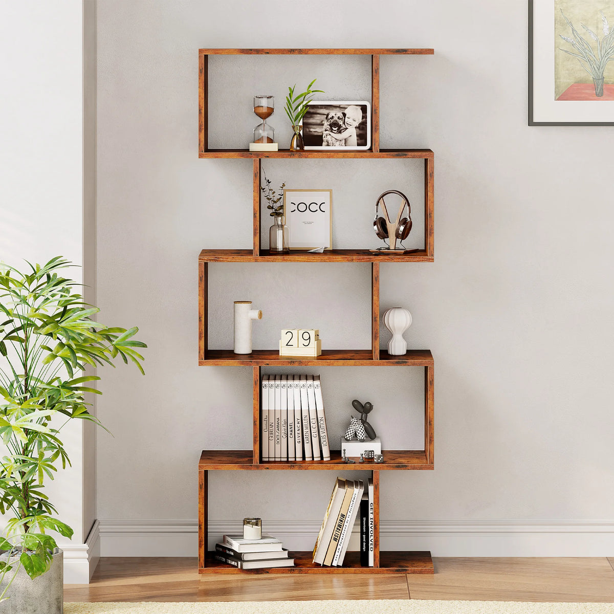 JHK Modern Five Tier S Shape Wooden Geometric Bookcase