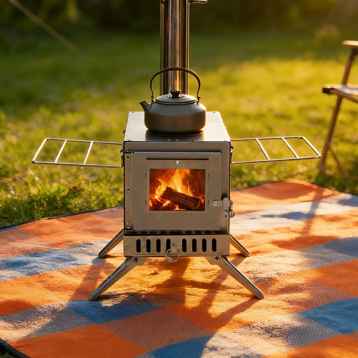 Portable Stainless Steel Wood Burning Stove With Seven Chimney Pipes