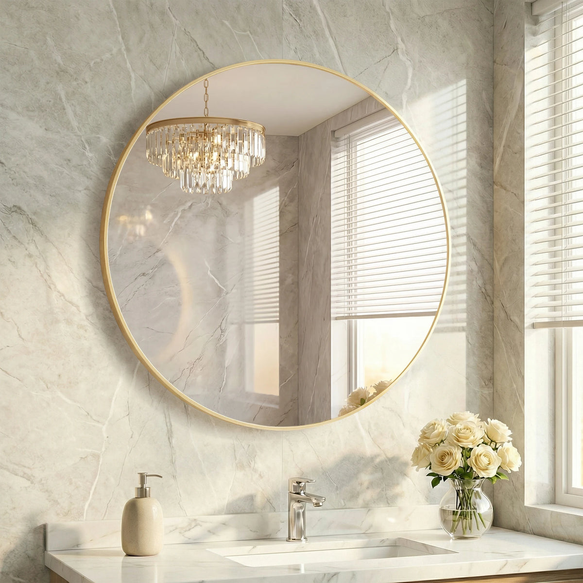 JHK Round Wall Mirror Tempered Glass Waterproof Decorative Design