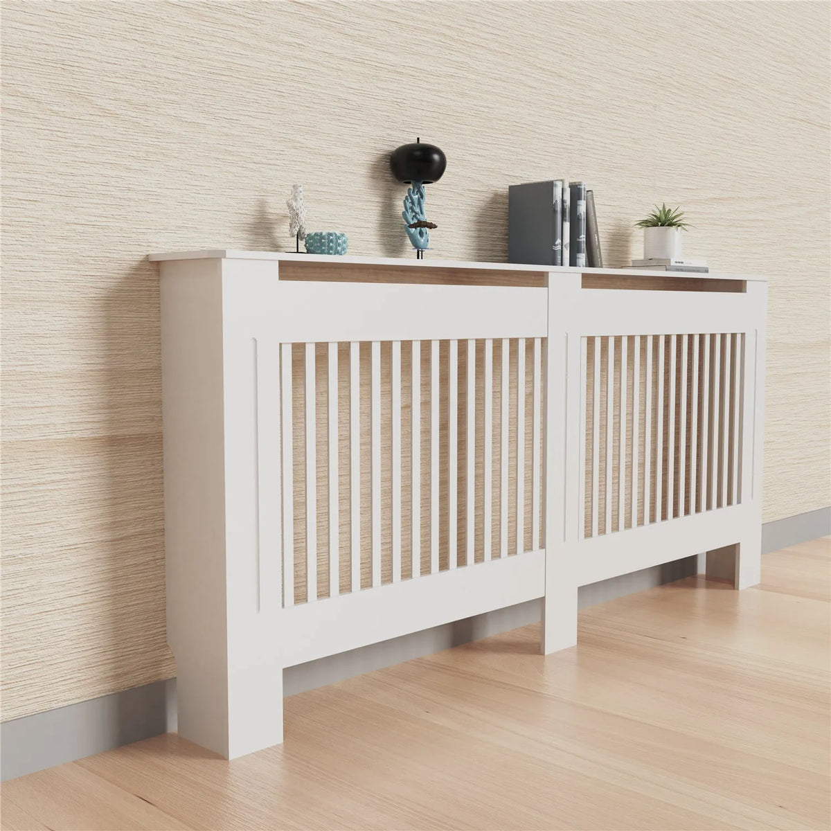 Contemporary Wooden Radiator Cover Featuring Internal Storage Shelving