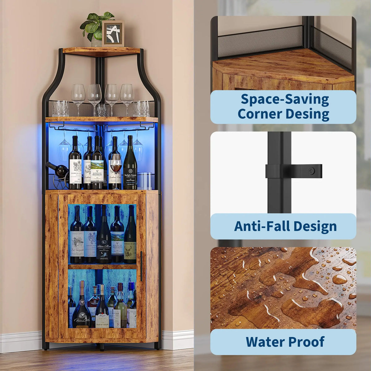 HiMISS Corner Bar Wine Cabinet With LED Light And Rack