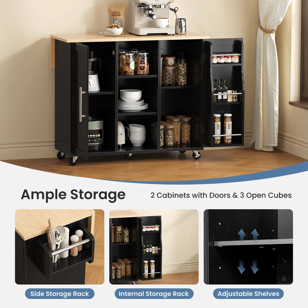 JHK Wood Rolling Kitchen Cart With Adjustable Shelves Storage Cabinet