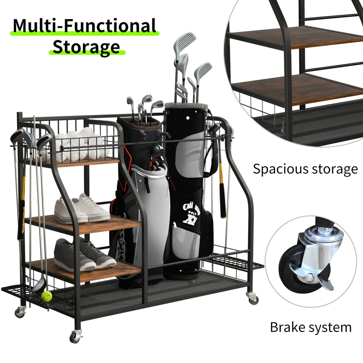 Three Tier Rolling Metal Storage Rack For Sports Gear