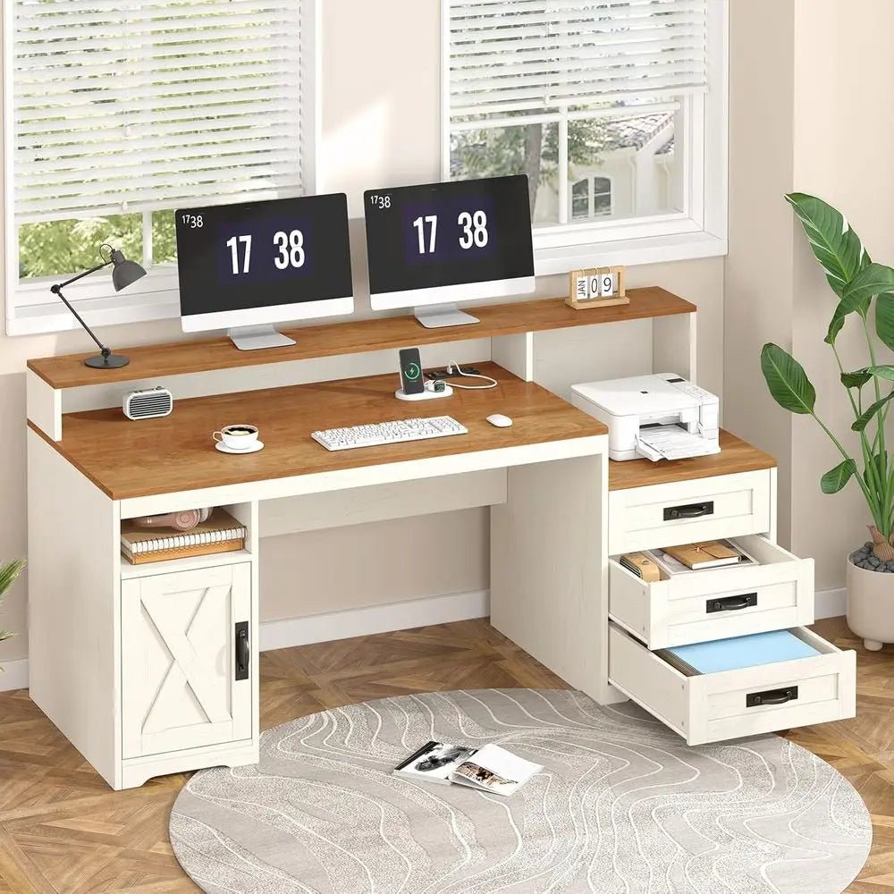 Computer Desk With Storage Cabinet Printer Stand And Power Outlets