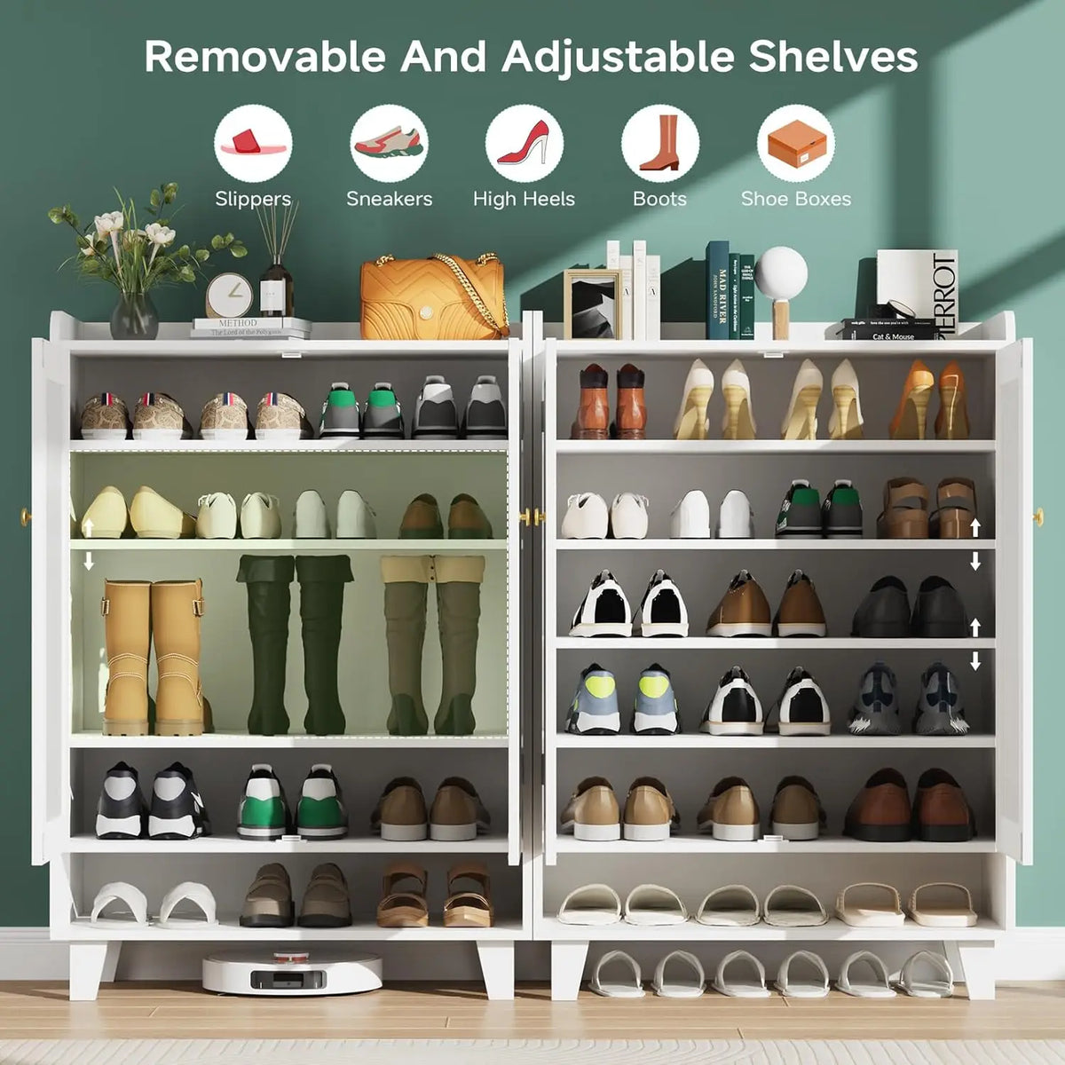 Modern Wooden Shoe Cabinet With Doors And Adjustable Shelf Storage
