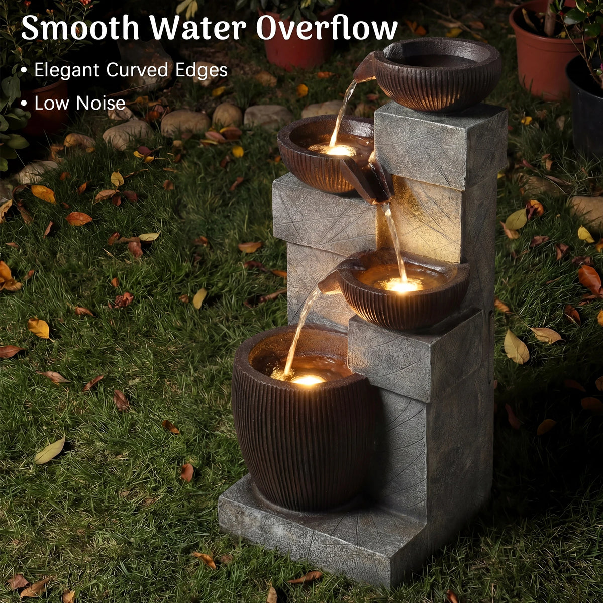 Cascading LED Water Fountain With Weather Resistant Resin Design