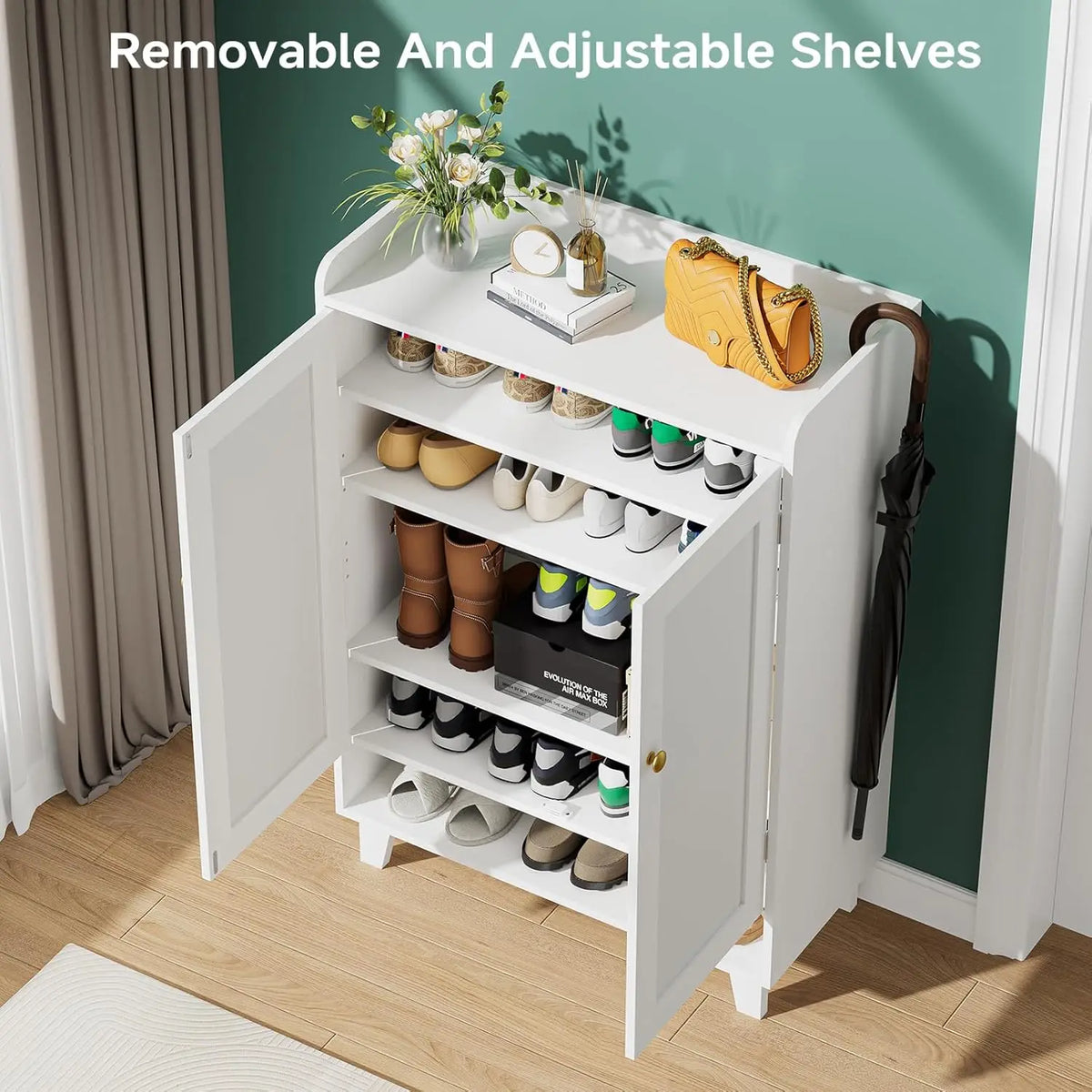 Modern Wooden Shoe Cabinet With Doors And Adjustable Shelf Storage