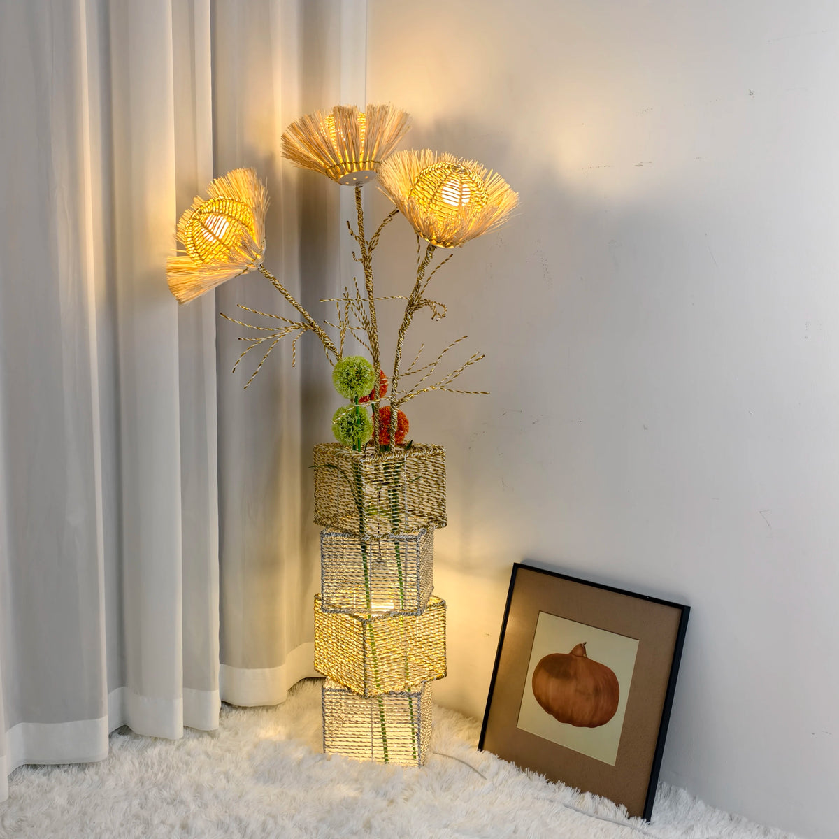 Modern Rattan Standing Floor Lamp Featuring Dimmable LED Flower Design