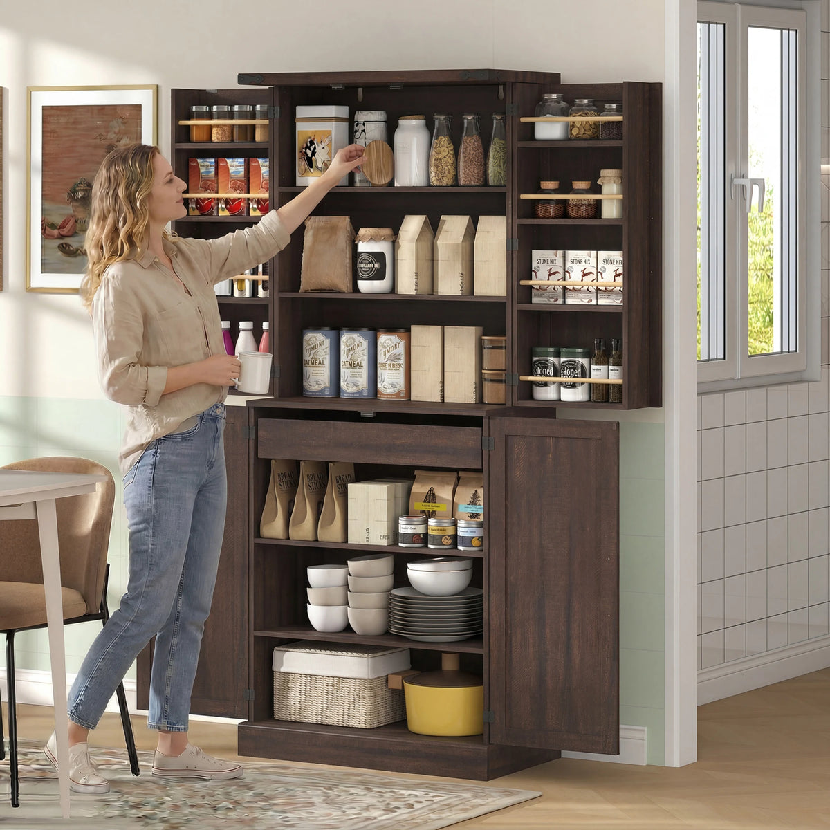Homcom Modern Kitchen Pantry Cabinet With Shelves And Drawer