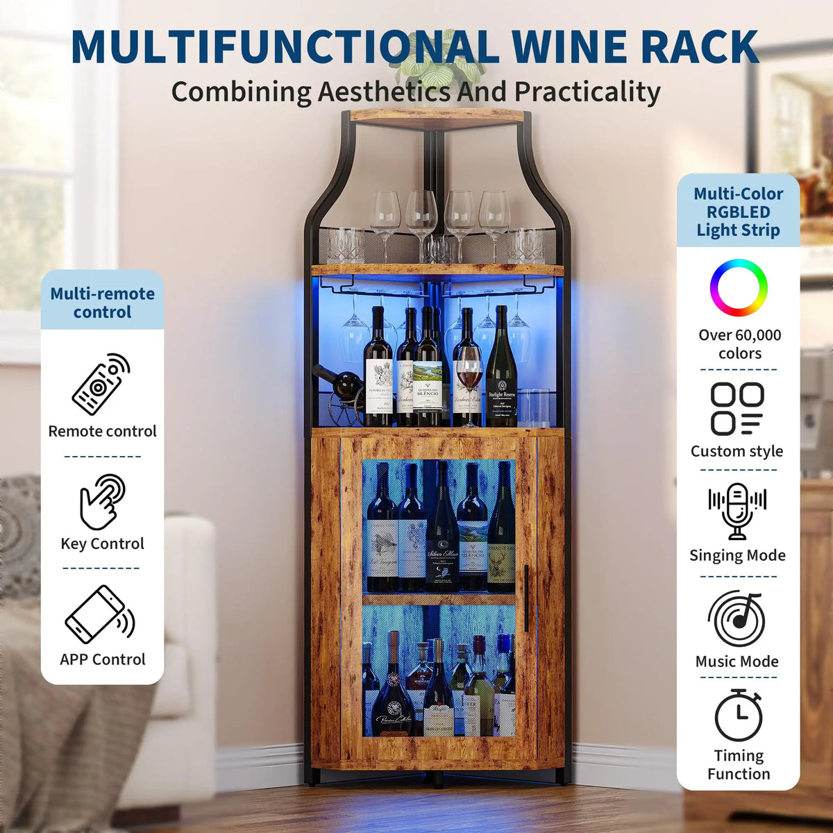 HiMISS Corner Bar Wine Cabinet With LED Light And Rack