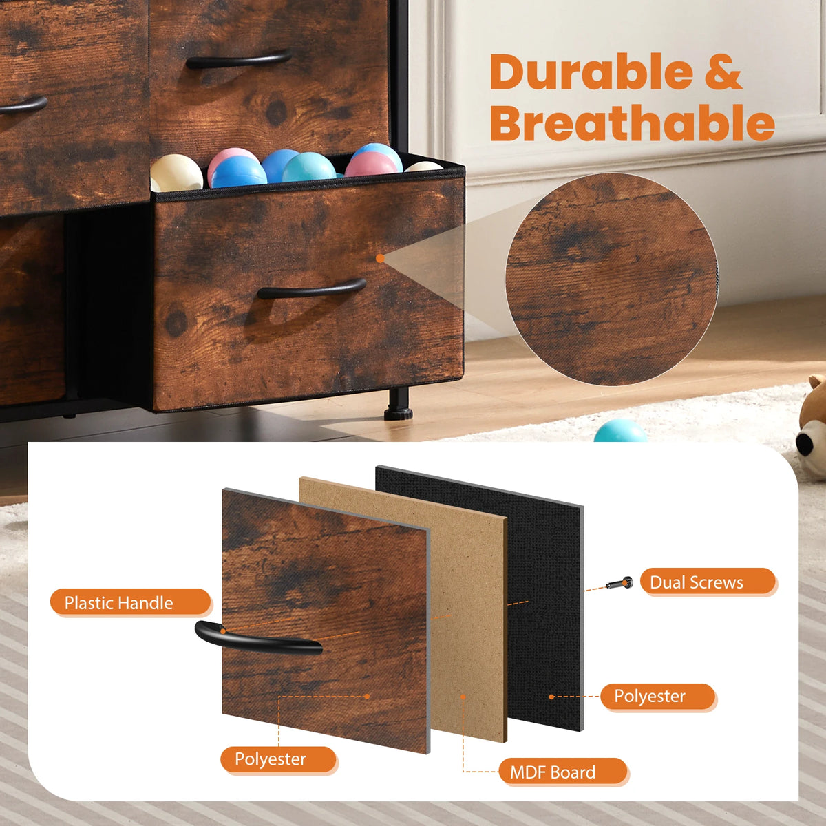 JHK Steel Frame Bedroom Dresser With Fabric Storage Drawers