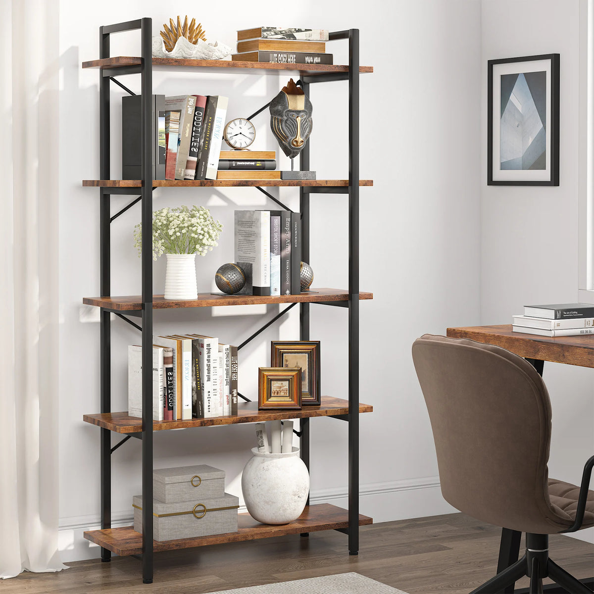 Tribesigns Industrial Library Bookcase With Metal Frame And Wood Shelves