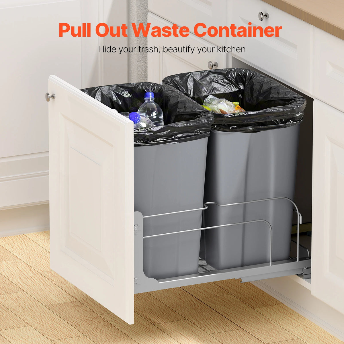SucceBuy Pull-Out Trash Can Under Mount Waste Container HeavyDuty Garbage Recycling Bin w/ Door Kit Soft Close Slide for Cabinet