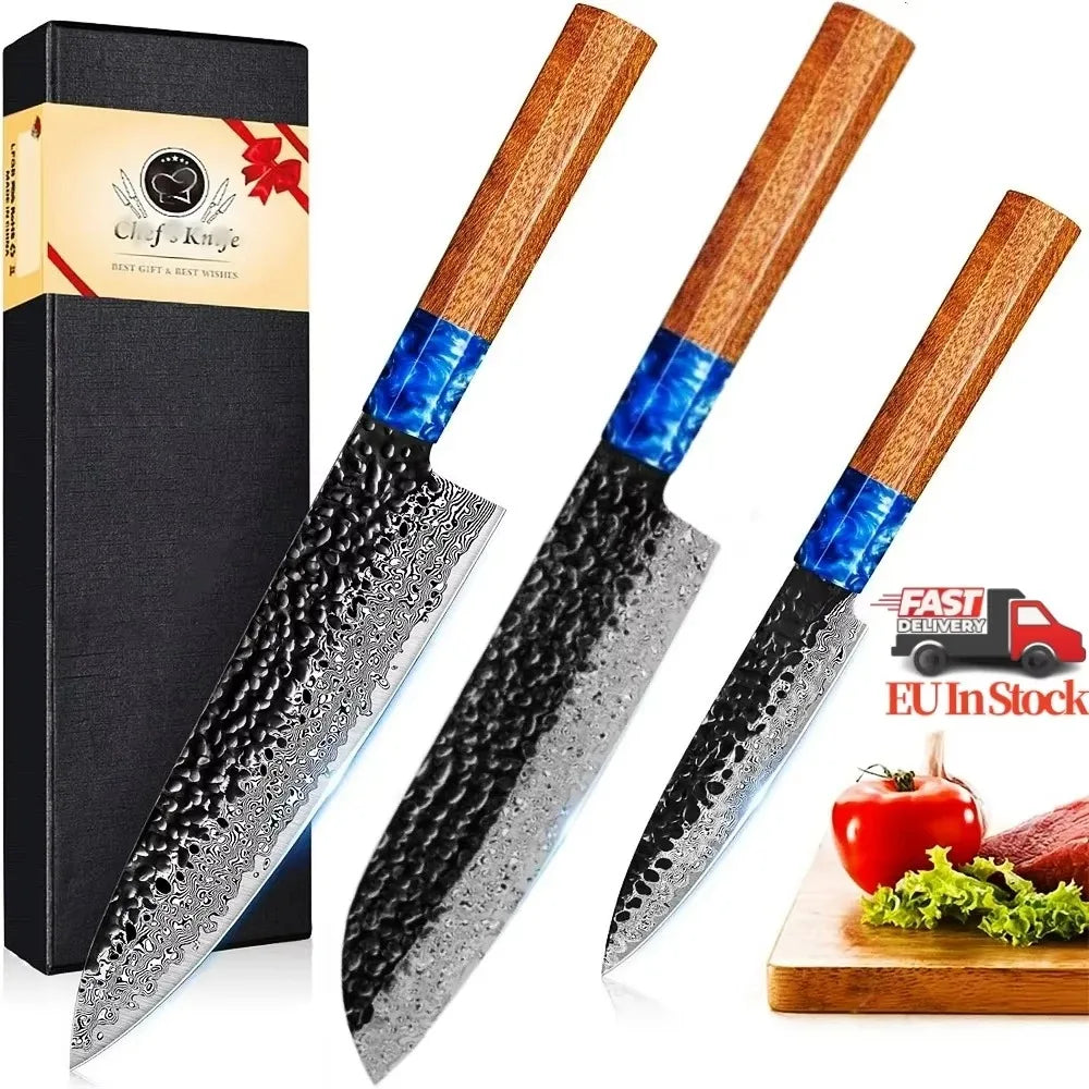 Woodfone Damascus Steel Three Piece Kitchen Knife Set Hammered Blades