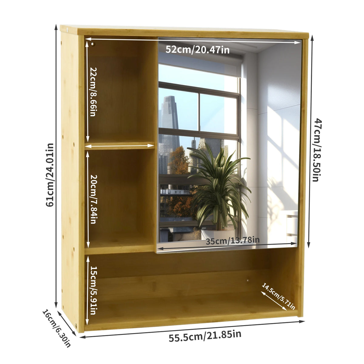 Natural Bamboo Wall Medicine Cabinet With Mirror And Five Shelves