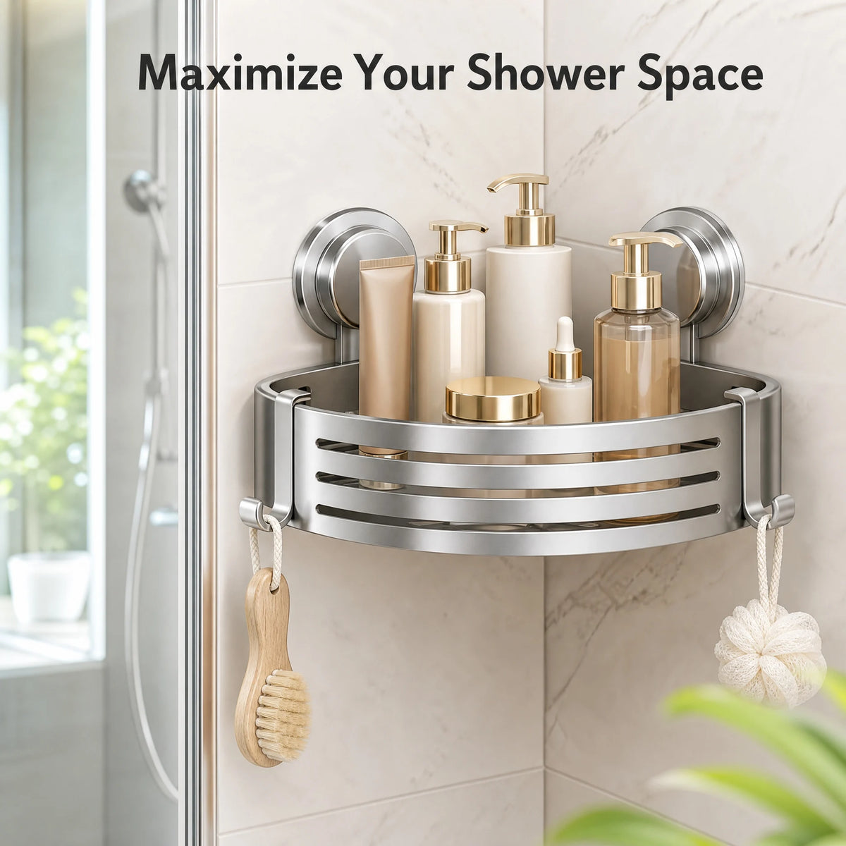 Heavy Duty Suction Corner Shower Caddy With Towel Bar