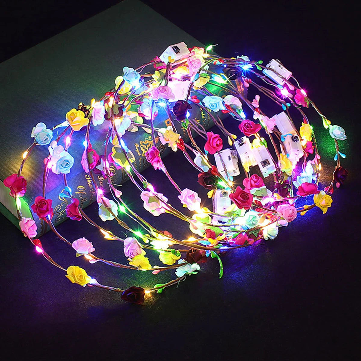 LED Light Up Paper Rose Wreath Headbands for Wedding Parties