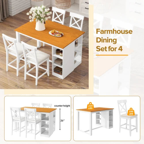 Farmhouse Solid Wood Dining Table With Cushioned Chairs And Shelves