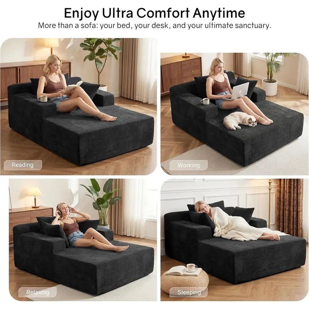 Indoor Chenille Rotating Chaise Lounge Chair With Throw Pillows