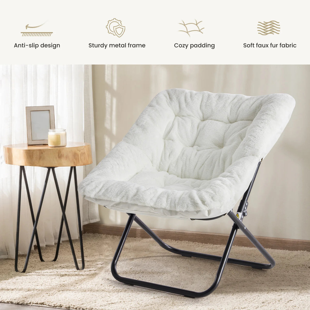 JHK Cozy Faux Fur Folding Saucer Chair With Metal Frame