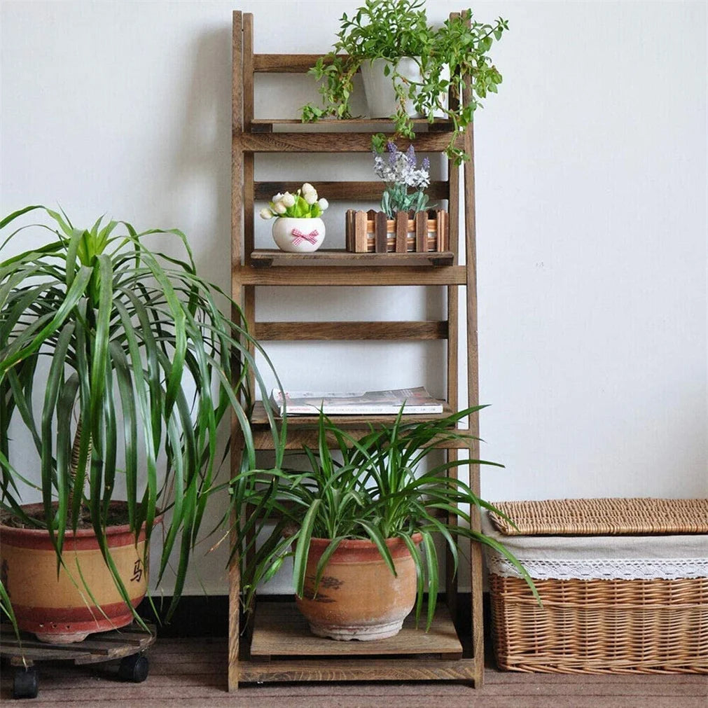 Folding Wooden Storage Ladder Shelf For Indoor Display