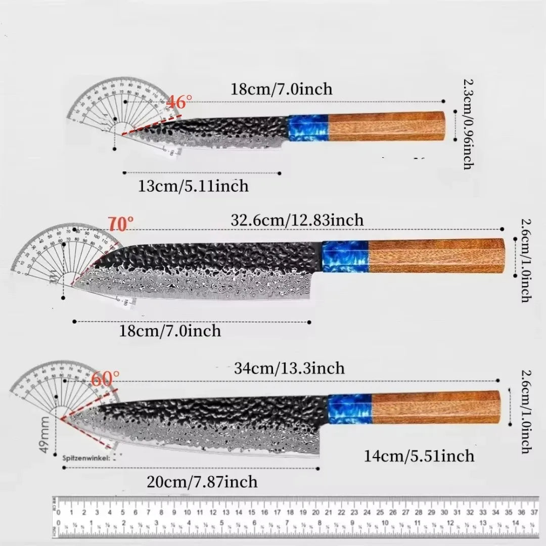 Woodfone Damascus Steel Three Piece Kitchen Knife Set Hammered Blades