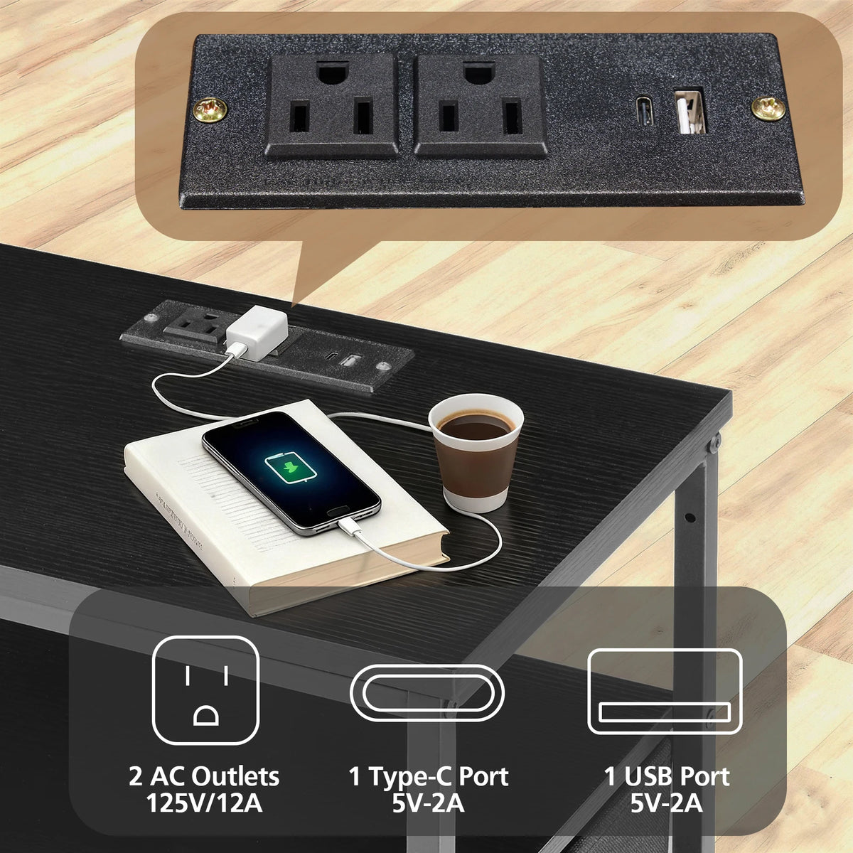 JHK Modern 3 Drawer Bedside Table With USB Charging Station